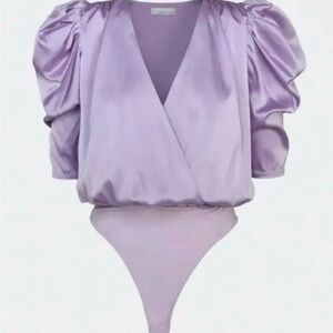 Adelyn Rae one pc. Lavender Wrap Top with Puff Sleeves small new